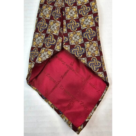 Ermenegildo Zegna Mens Silk Tie Burgundy Gold Blue Geometric Pattern 4" Wide - Picture 4 of 6